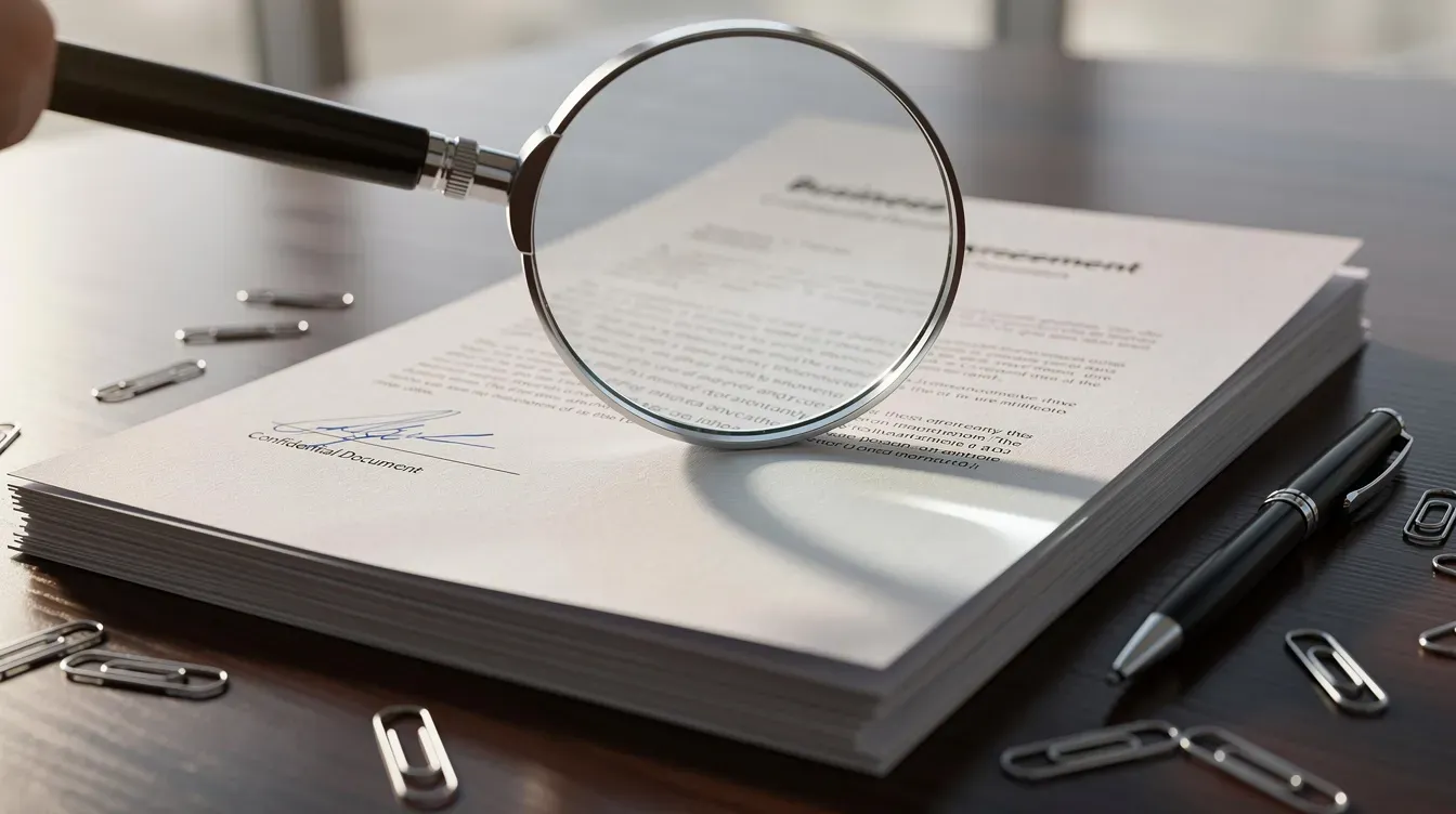 A magnifying glass is positioned over a stack of official business documents on a wooden table, symbolizing the importance of corporate transparency and identity verification in UK company law. These documents may include information relevant to the Companies House reforms aimed at tackling economic crime and ensuring stronger checks on corporate activities.