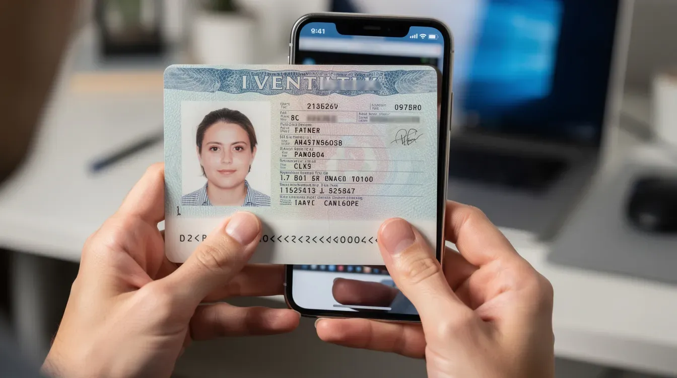 A person is holding a passport in front of a smartphone camera, which is being used for identity verification. This process is essential for compliance with new measures in UK company law aimed at enhancing corporate transparency and tackling economic crime.