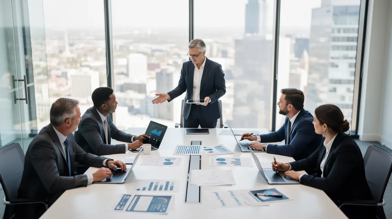 A diverse business team is collaborating around a conference table, engaged in discussions with laptops and documents spread out before them. They are likely strategizing on compliance with UK company law and the new measures introduced under the Corporate Transparency Act to enhance corporate transparency and tackle economic crime.