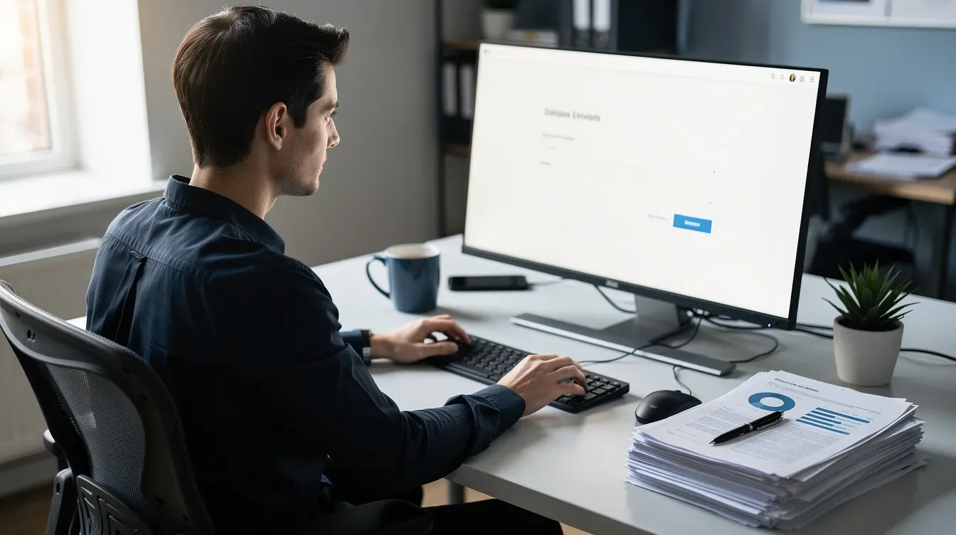 A person is seated at a desk, completing a digital form on a desktop computer, with various paperwork nearby that includes documents related to their company's registered email address and requirements for filing with Companies House. The scene captures the importance of accurately submitting details to comply with business regulations in the UK.