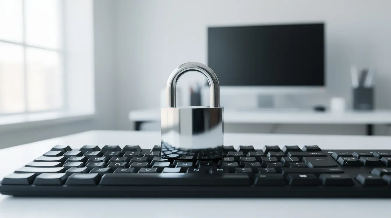 An image of a secure padlock resting on a computer keyboard in a clean office setting, symbolizing the importance of protecting sensitive information and ensuring compliance with requirements for companies, such as maintaining a company's registered email address and submitting necessary documents to Companies House.