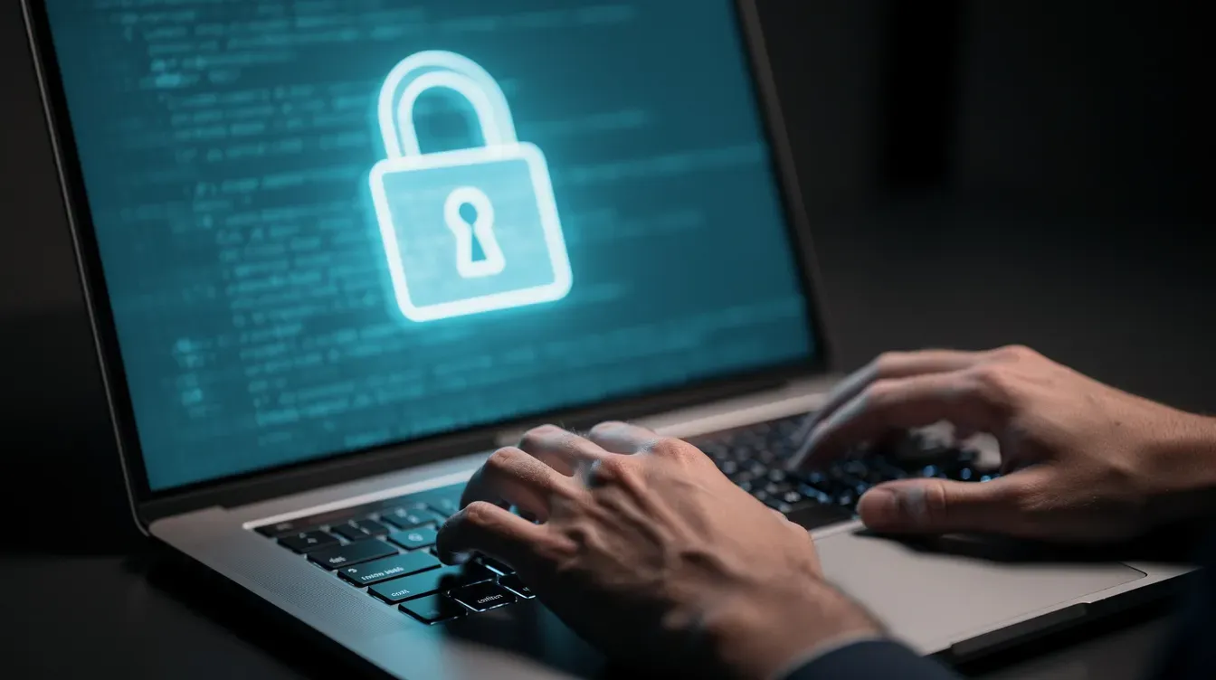 A close-up view of hands typing on a laptop keyboard, with a padlock icon displayed on the screen, suggesting secure access to company information and services related to the companies house. This image conveys the importance of using a personal code for logging in to manage limited companies and their details.