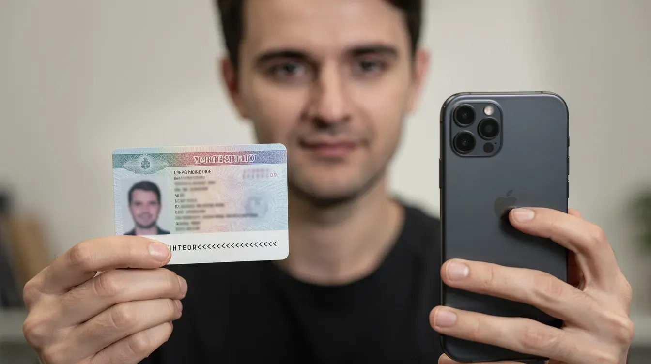 An individual is holding a passport in front of a smartphone camera, likely for identity verification related to a companies house service. This action may be part of a process to confirm personal details for company registration or to access essential maintenance tools.