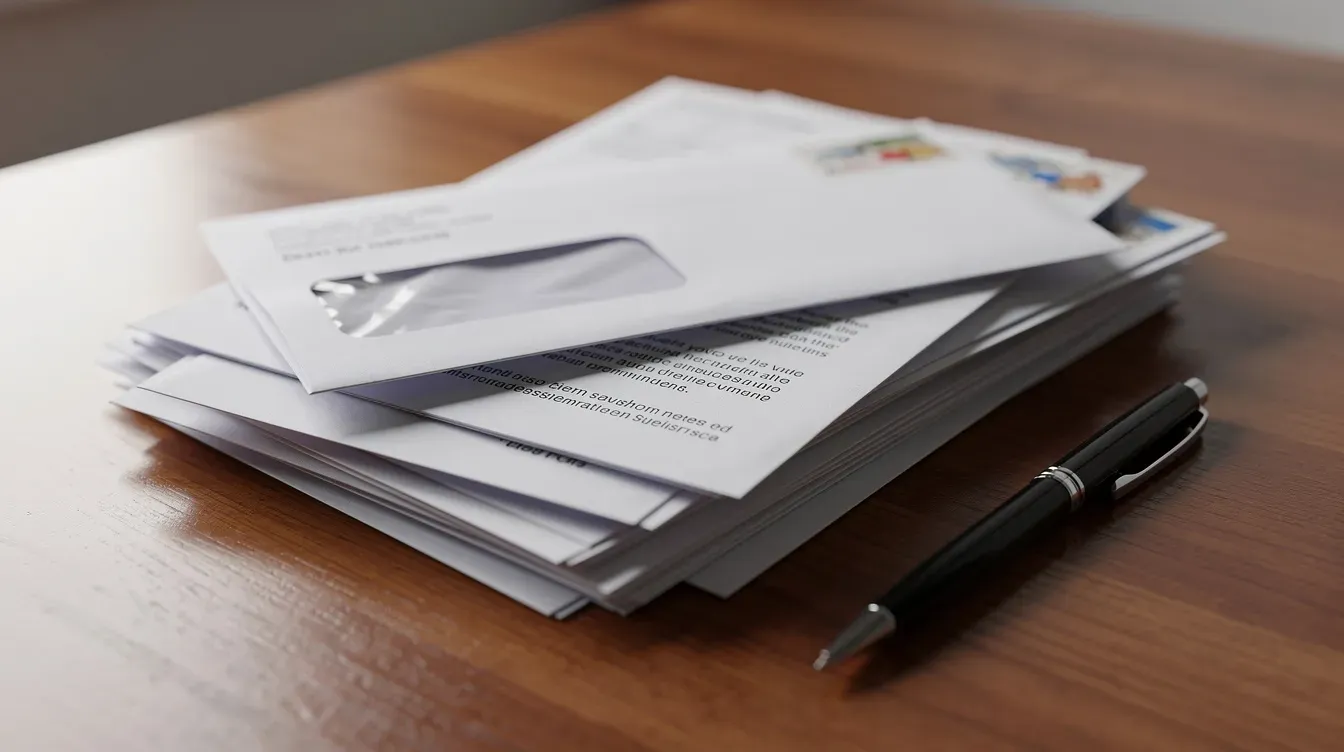 The image depicts a stack of envelopes and official documents related to company registration on a wooden desk, accompanied by a pen. This scene suggests a workspace where one might manage important company information, such as incorporation forms and voting rights details for a limited company.