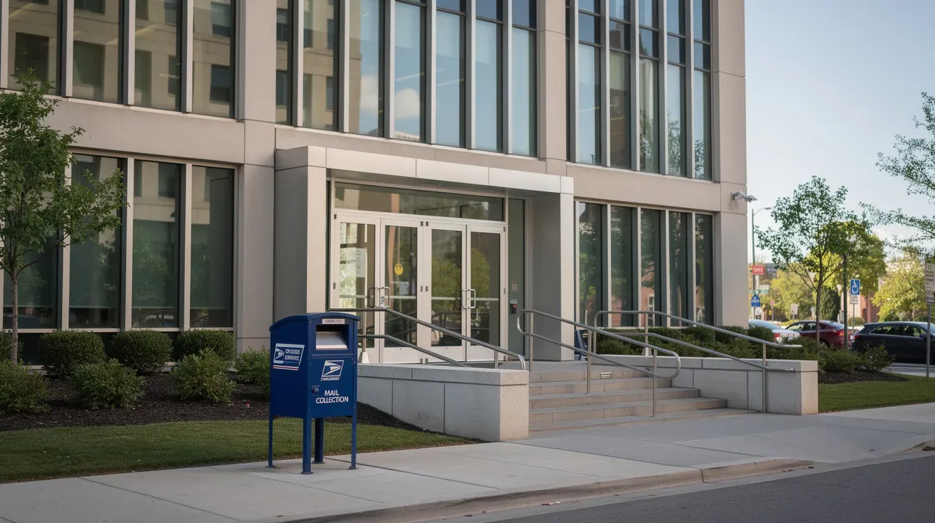 The image depicts a modern government office building with a sleek glass exterior, featuring a postal drop box conveniently located near the entrance. This office serves as a hub for companies to contact Companies House for various business services, including document filing and identity verification.