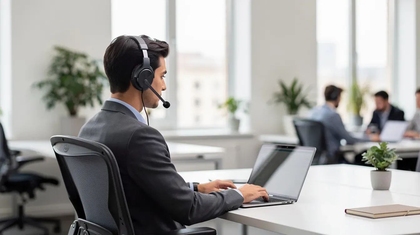 The image shows a person wearing assistive technology headphones while working on a laptop in a bright office environment, highlighting the importance of accessibility in business settings. This scene reflects a modern workspace where users can effectively engage with digital services and contact companies for guidance and support.