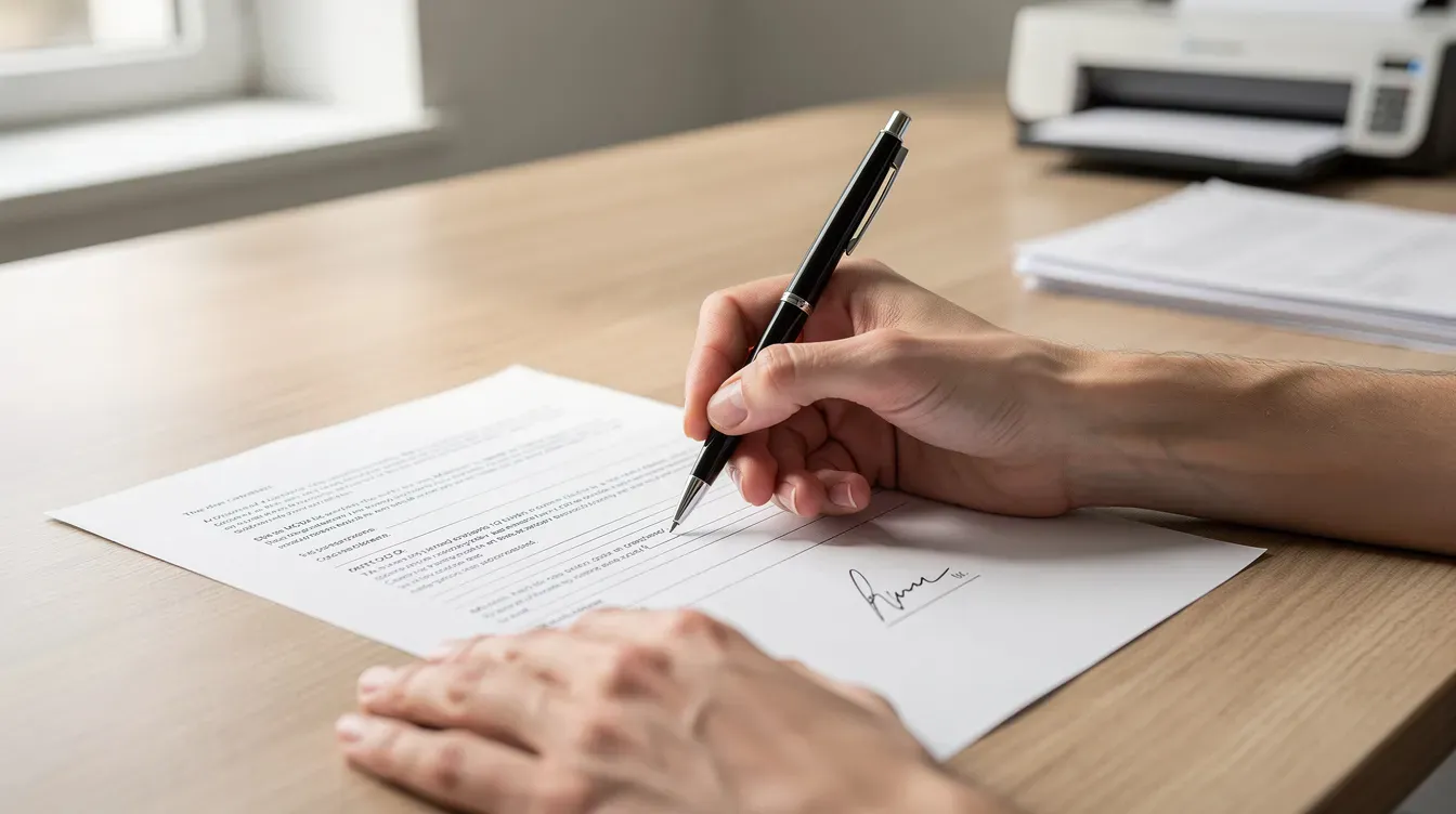 A close-up view of hands signing a printed form on a clean wooden desk, with a pen and a scanner visible in the background, illustrating the process of completing and uploading documents to Companies House. This image captures the act of filing important company information, such as confirmation statements or annual accounts, in a professional setting.