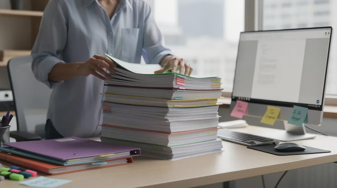 A person is organizing a stack of printed documents and folders on a desk beside a computer, likely preparing to upload a document to Companies House or manage company information. The scene suggests a focus on maintaining proper records for business processes, such as filing annual accounts or confirmation statements.