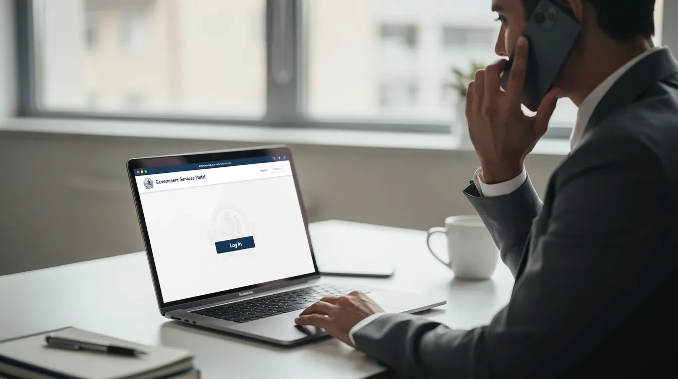 A professional person is engaged in a phone call while seated at a desk, with a laptop displaying a government website related to companies house services. The individual appears focused, likely discussing how to upload documents or file insolvency forms as part of their business operations.