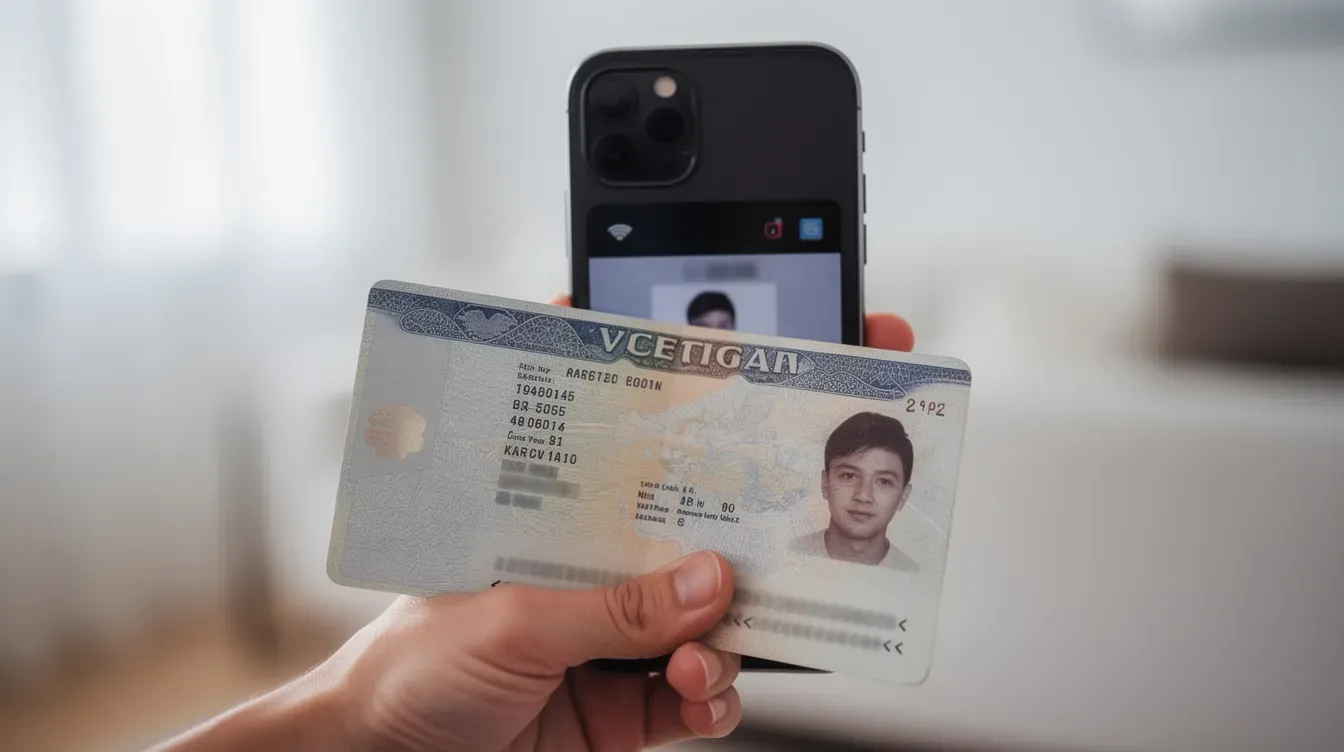 An individual is holding a passport in front of a smartphone camera, likely for identity verification as part of a secure online service, such as accessing a companies house webfiling account. This process may involve two-factor authentication to confirm their identity for filing company details or submitting annual accounts.