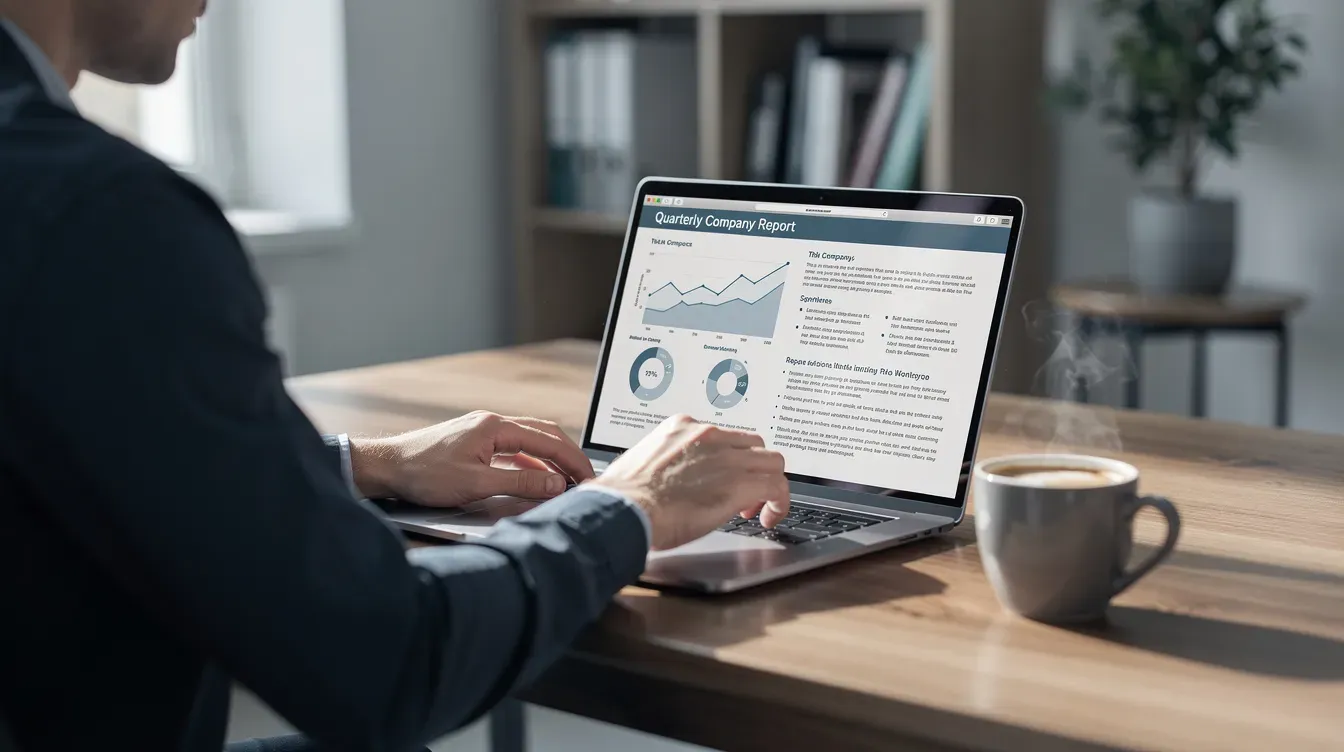 A person is seated at a desk, intently reviewing company documents displayed on their laptop screen, with a steaming cup of coffee placed nearby. The scene suggests a focus on managing company details, possibly related to their companies house webfiling account or preparing annual accounts.