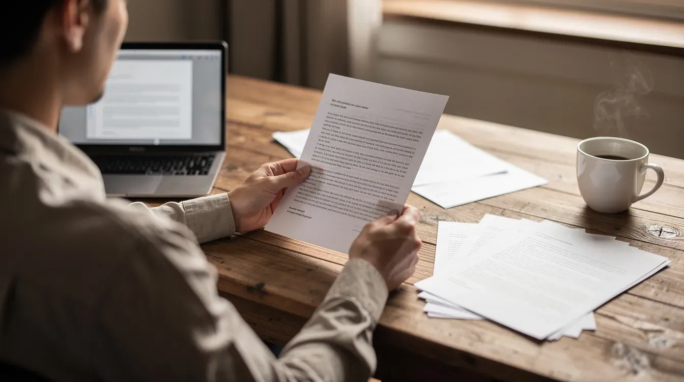 A person is seated at a wooden desk, reviewing documents alongside a laptop and a coffee cup. The scene suggests a professional setting, possibly related to company registration or financial statements, highlighting the importance of organization for company directors and private limited companies in Northern Ireland.