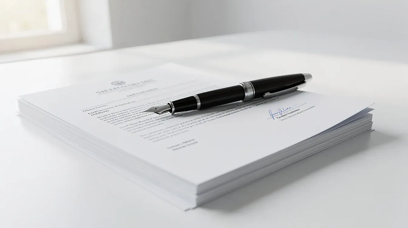 The image depicts a stack of official documents, likely related to company registration, with a pen resting on top, all placed on a clean white desk. This setup suggests a focus on business matters, possibly involving companies registered in Northern Ireland, such as financial statements or incorporation details for a private limited company.