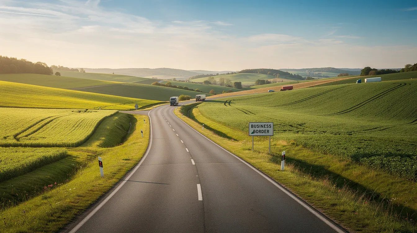 The image depicts a winding country road meandering through lush green hills, flanked by vibrant fields, symbolizing the interconnectedness of businesses across borders, such as those registered with the Companies Registration Office in Northern Ireland. This serene landscape reflects the essence of cross-border trade and the opportunities for companies, including Irish limited companies and private limited companies, to thrive in a shared economic area.