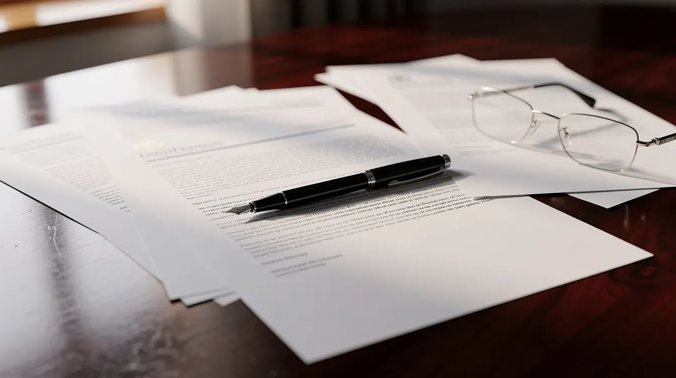 The image features a collection of official-looking documents related to company registration, spread out on a wooden desk alongside a pen and reading glasses, suggesting a scene of business organization. These documents may include details about a limited company, business bank account, and the company formation process, indicating preparations for establishing a new business.