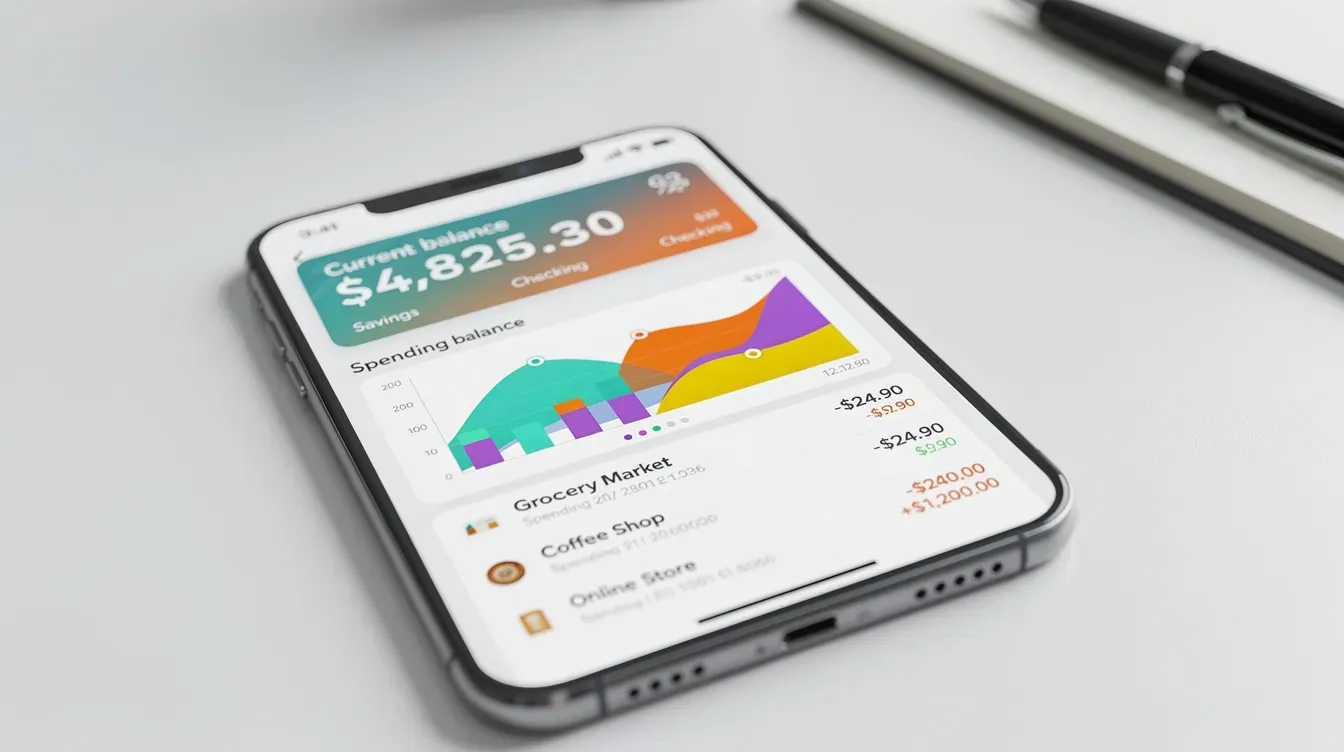 The image depicts a smartphone screen displaying a banking app dashboard, featuring colorful graphs and a detailed transaction list, which can help users manage their business bank account and monitor their company's financial activities. The interface is user-friendly, showcasing essential information for business finances and transaction tracking.