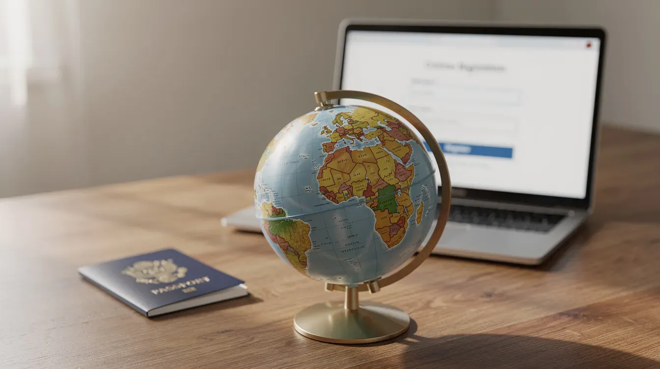 The image features a globe resting on a desk alongside a passport and a laptop displaying a company registration form, symbolizing the global reach and essential documentation involved in the company formation process. This setup reflects the importance of business account services and the registration process for establishing a new company.