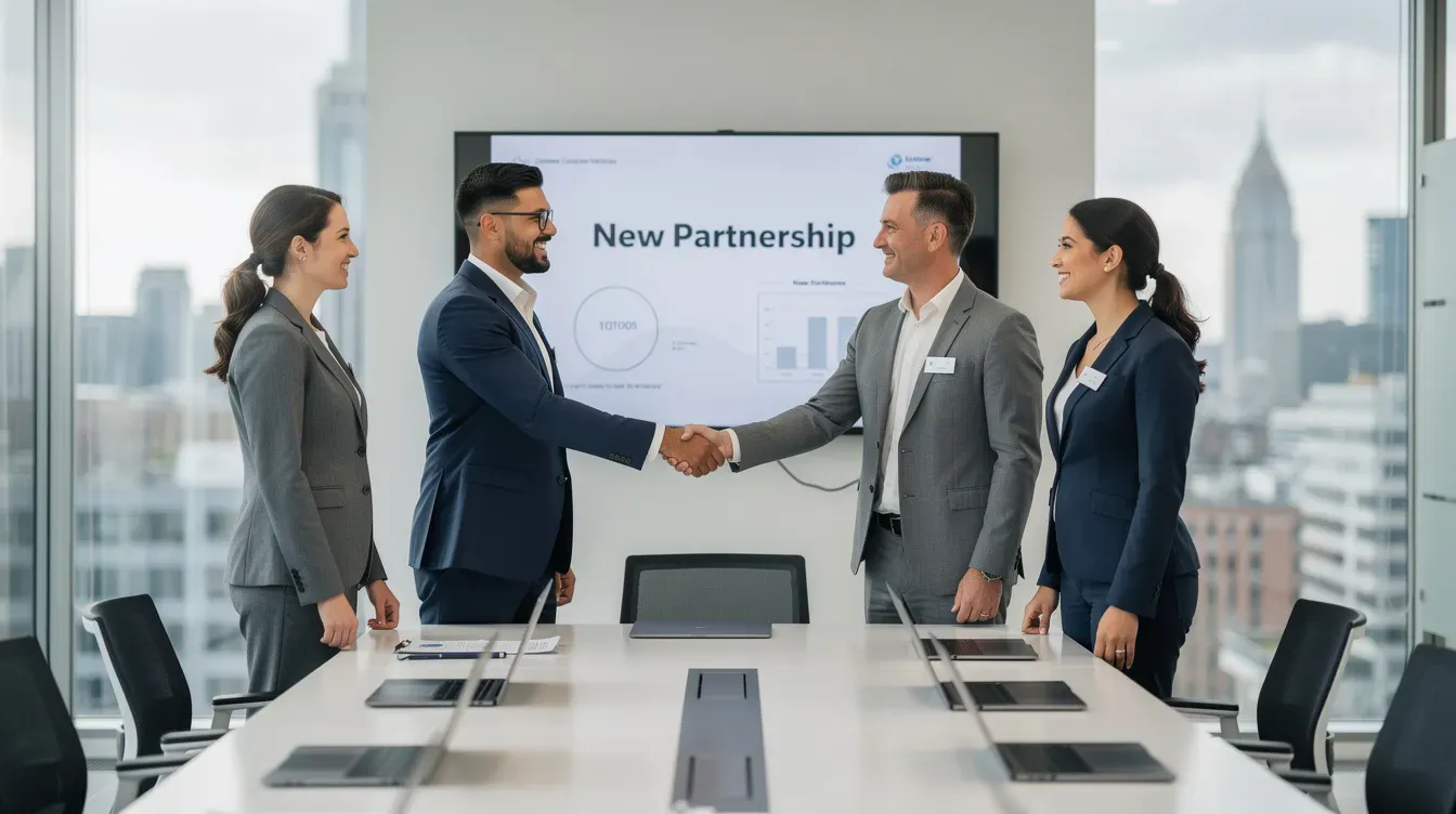 A small group of business professionals is shaking hands in a modern office, symbolizing a new partnership or company launch, which reflects the dynamics of company formation and collaboration in a corporate environment. This scene captures the essence of establishing a limited company and the importance of business banking partners in the company registration process.