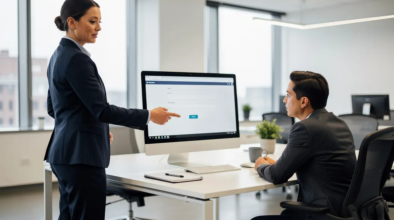A professional is pointing at a computer screen displaying an online form related to company formation, while a colleague observes in a clean, modern office. This scene highlights the process of registering a company and emphasizes the importance of using company formation services for setting up a UK limited company.