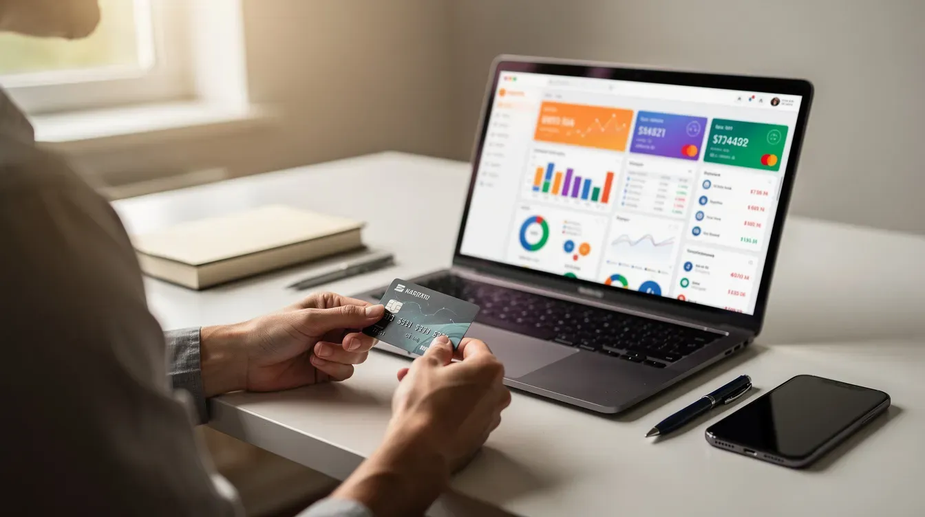 A person is holding a bank card while looking at a laptop screen displaying a financial dashboard, set in a tidy workspace that suggests a focus on personal and business finances. This scene reflects the importance of managing a business bank account, which is essential for new companies and limited company structures.