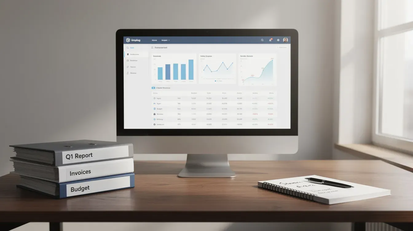 The image depicts an office workspace featuring a computer screen displaying company information, financial folders neatly arranged, and a notepad with a pen ready for taking notes. This setup suggests a focus on managing company details, such as filing history and registered office address, essential for informed decisions regarding companies house checks.