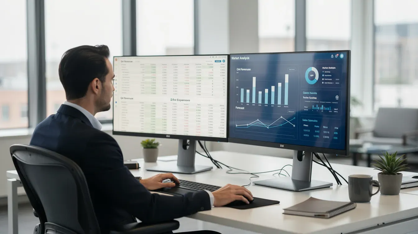 A professional is intently monitoring multiple business records on a dual-screen computer setup in a sleek, modern office, ensuring accurate company information and compliance with regulations. The screens display various details such as filing history and current and previous directors, essential for making informed decisions about registered companies.