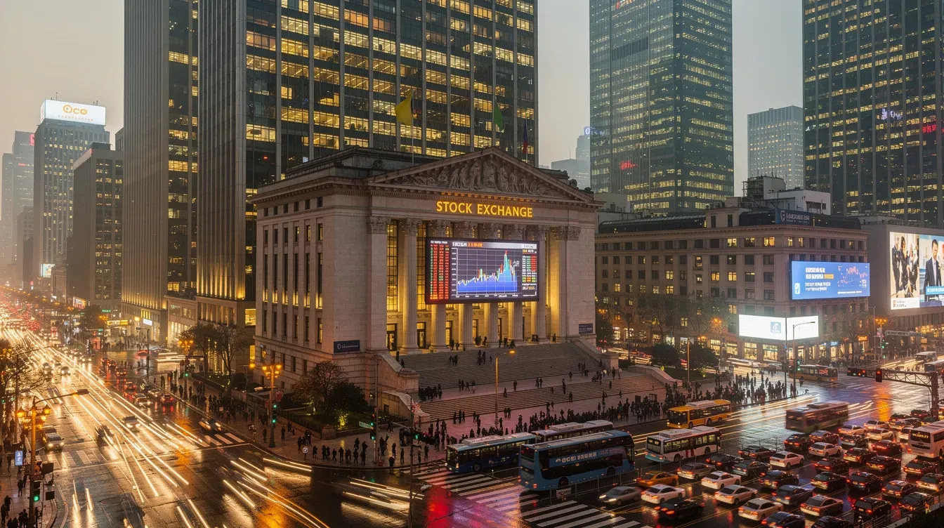 The image depicts a bustling city skyline featuring a prominent stock exchange building, with busy streets filled with vehicles and pedestrians below. This vibrant scene captures the essence of urban life, where businesses, including limited companies, thrive amidst the dynamic environment of personal and business finances.