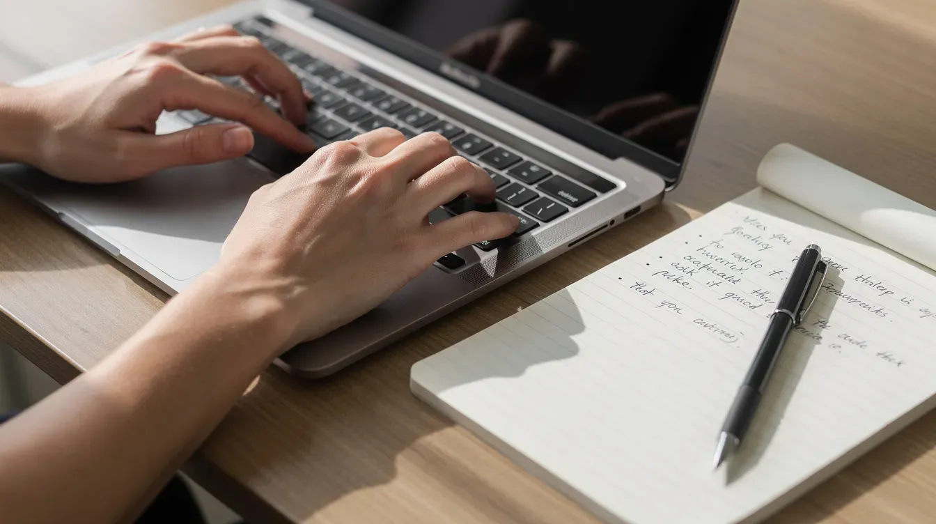 The image depicts hands typing on a laptop keyboard, with a notepad and pen placed beside it, suggesting a focus on personal and business finances. This scene may represent the administrative responsibilities involved in setting up a limited company or managing a business bank account.