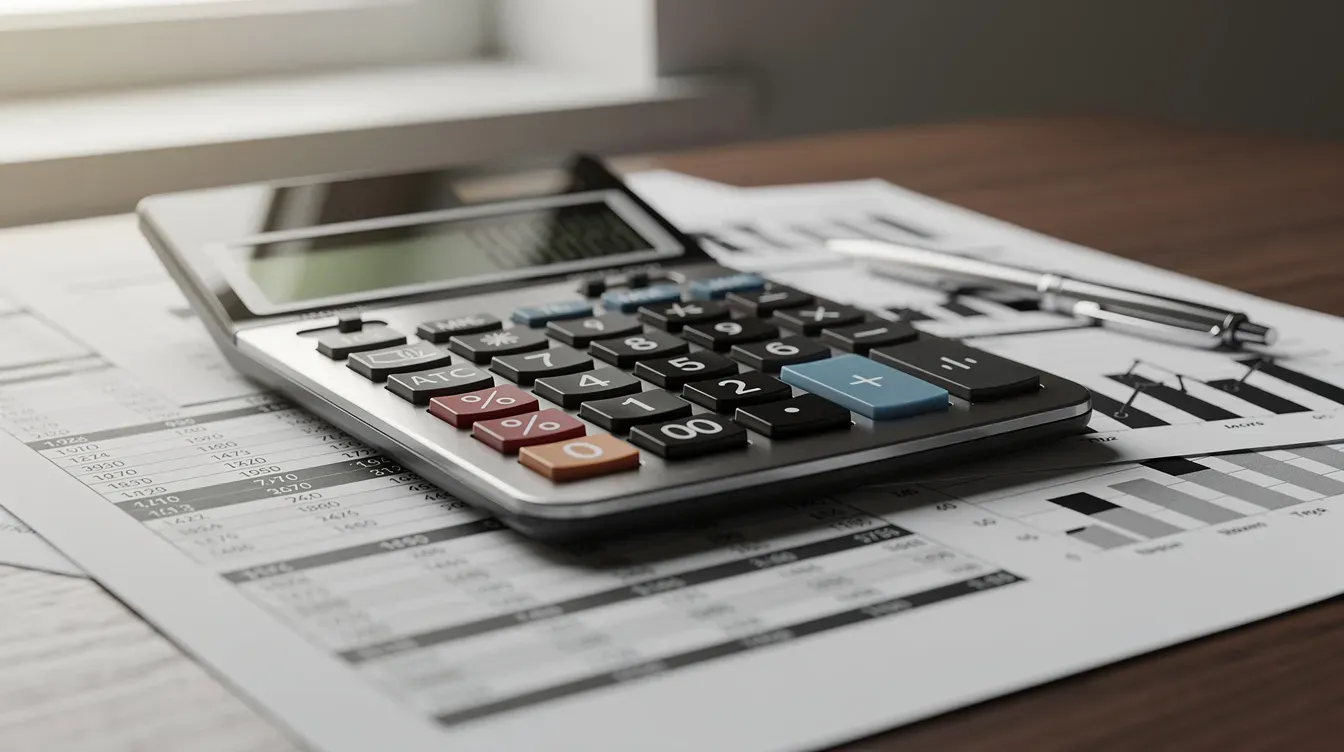 The image shows a calculator resting on top of financial statements, with a pen placed nearby, symbolizing the management of personal and business finances for a limited company. This setup represents the careful tracking of expenses and revenues, essential for complying with legal requirements and maintaining accurate records for companies house.
