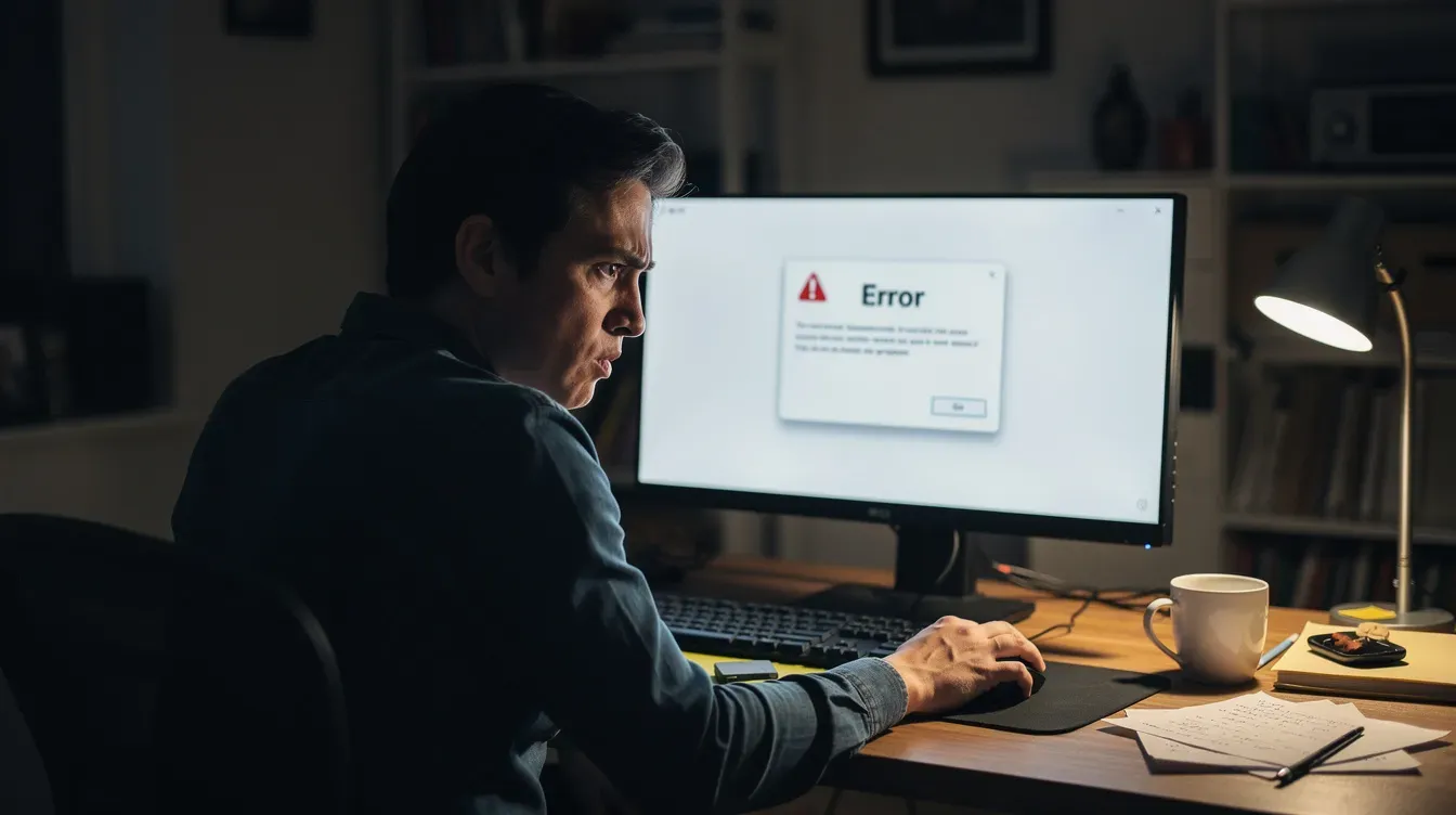 A person is sitting in front of a computer, looking concerned as they read an error message on the screen, possibly related to their self assessment tax return. The expression on their face suggests they may need to contact HMRC for assistance with their personal tax account or to resolve issues related to their financial details.