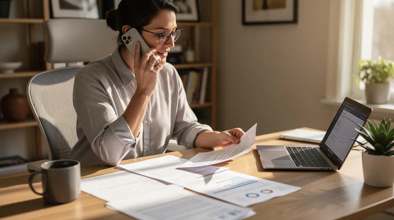 A person is sitting at a home office desk, engaged in a phone call while reviewing various paperwork related to their self assessment tax return. The scene reflects a focused atmosphere, highlighting the importance of managing personal financial details like income tax and national insurance number.