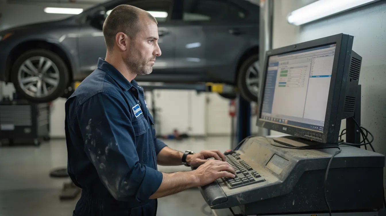 A mechanic is focused on typing at a computer terminal in a garage workstation, with a car on a ramp visible in the background. The scene highlights the importance of accurate recorded mileage and the role of the mechanic in ensuring reliable vehicle standards, particularly when addressing issues like mileage discrepancies and potential odometer tampering.