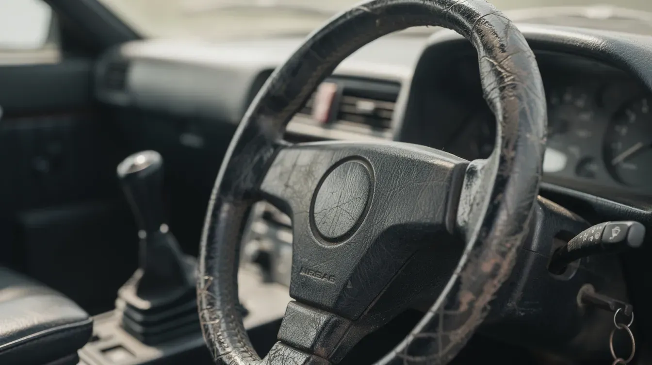 The image shows a worn car steering wheel and gear lever, both displaying signs of heavy use with faded leather, suggesting a vehicle that may have discrepancies in its recorded mileage. This wear could raise concerns for potential buyers regarding the car's true mileage and maintenance history.