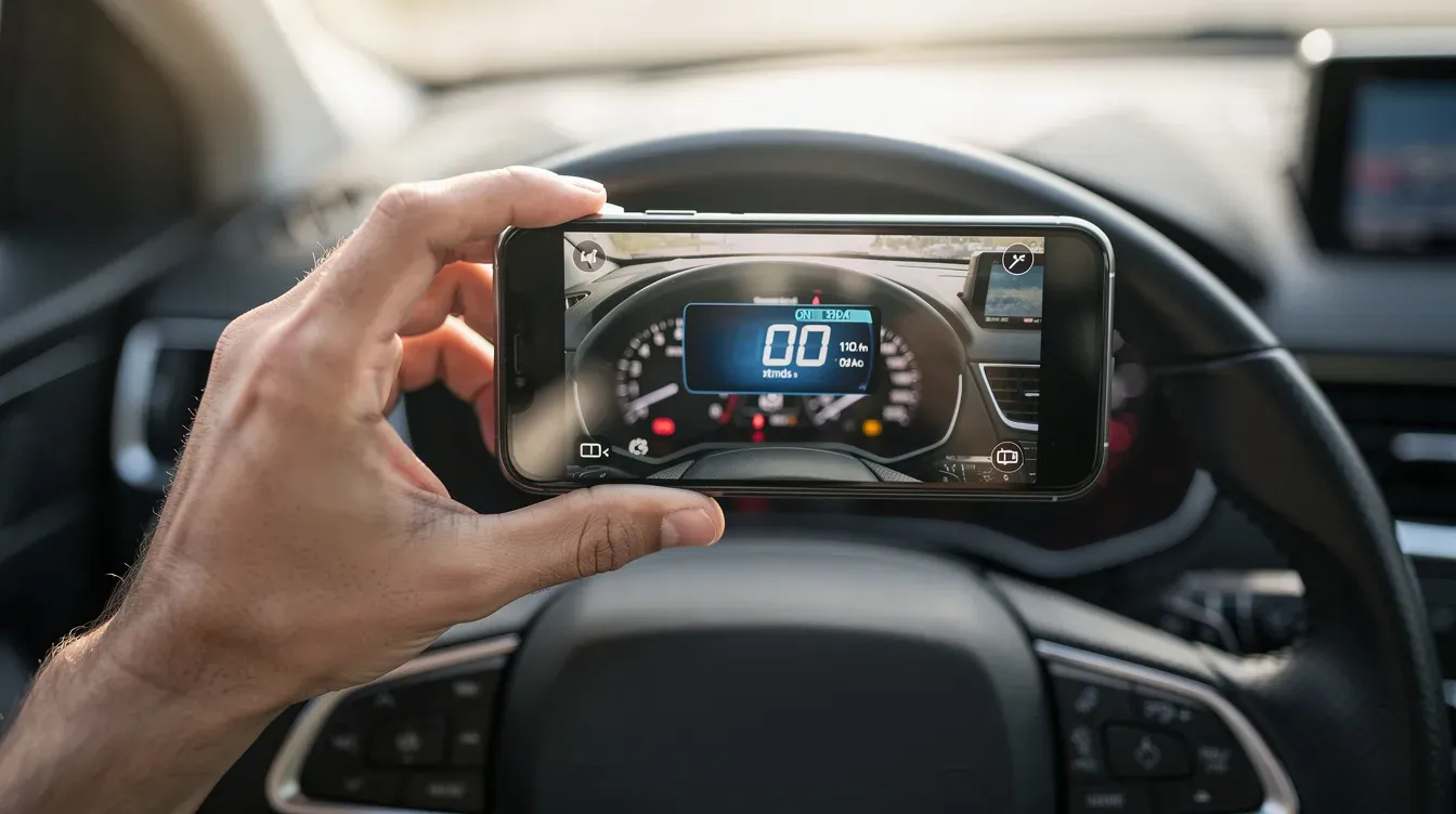 A person is holding a smartphone and capturing a photo of a car dashboard odometer, which displays the current mileage. This image highlights the importance of verifying the vehicle's mileage to avoid issues like incorrect mileage records or potential mileage fraud.