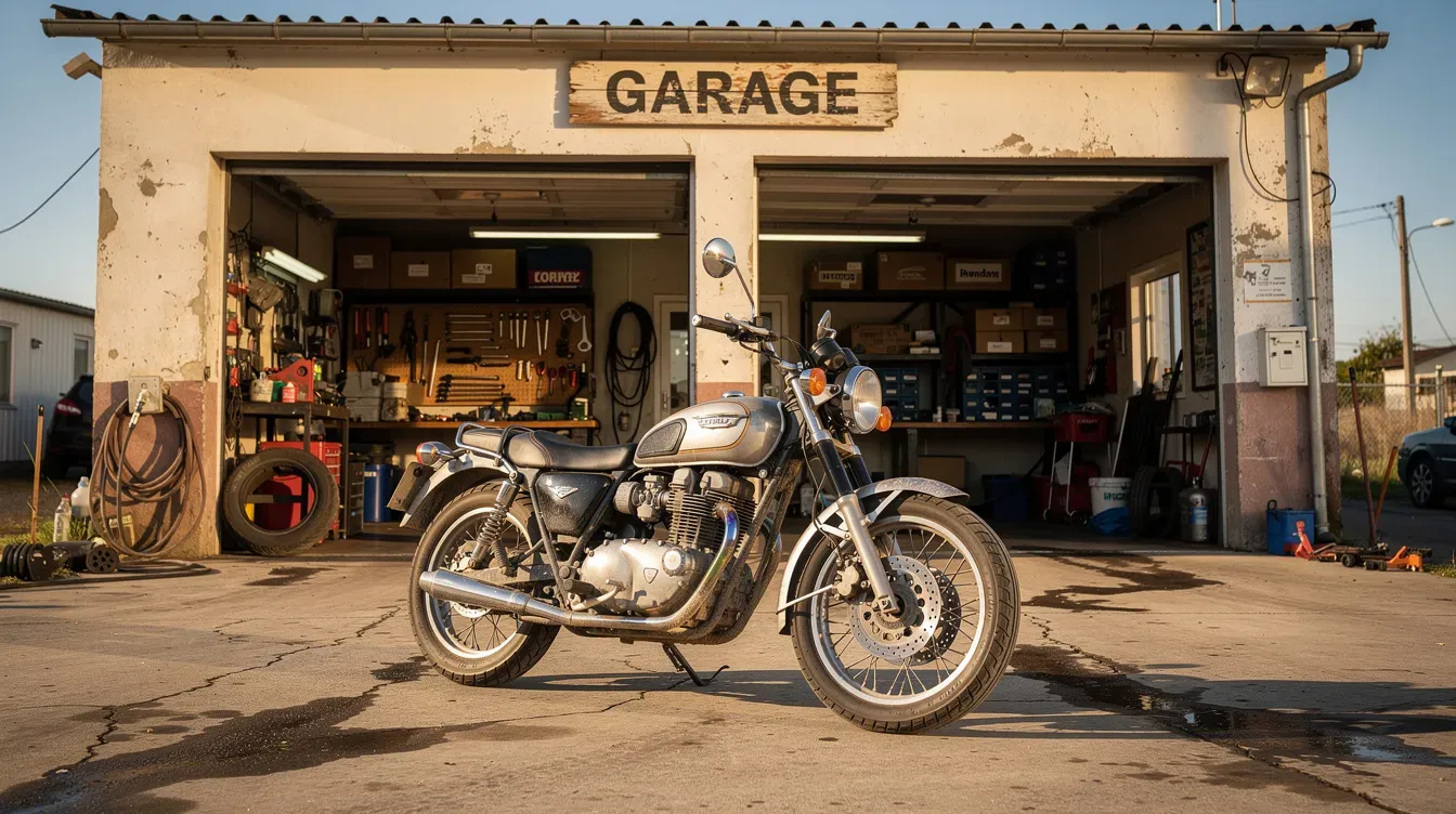 A standard motorcycle is parked outside a small independent garage on a sunny day, showcasing a scene typical of local garages that provide MOT tests and vehicle services. The bright weather highlights the garage's inviting atmosphere, where drivers can ensure their vehicles meet safety and environmental standards.