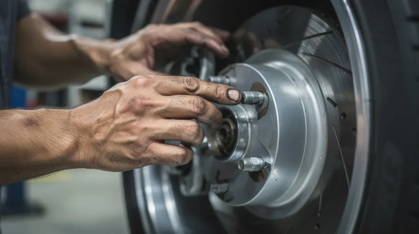 A close-up view shows a mechanic's hands carefully inspecting disc brakes on a car wheel, highlighting the importance of regular servicing to ensure the vehicle's safety and roadworthiness for the MOT test. The mechanic's focused attention on the brakes is crucial for preventing MOT failures and maintaining compliance with safety and environmental standards.