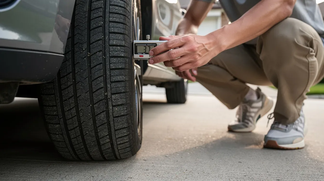 A person is crouching beside a car tyre, using a tread depth gauge to measure the tyre's tread depth, which is essential for ensuring the vehicle's roadworthiness and safety. This simple check is part of the regular servicing that can help prevent a vehicle from failing its MOT test.