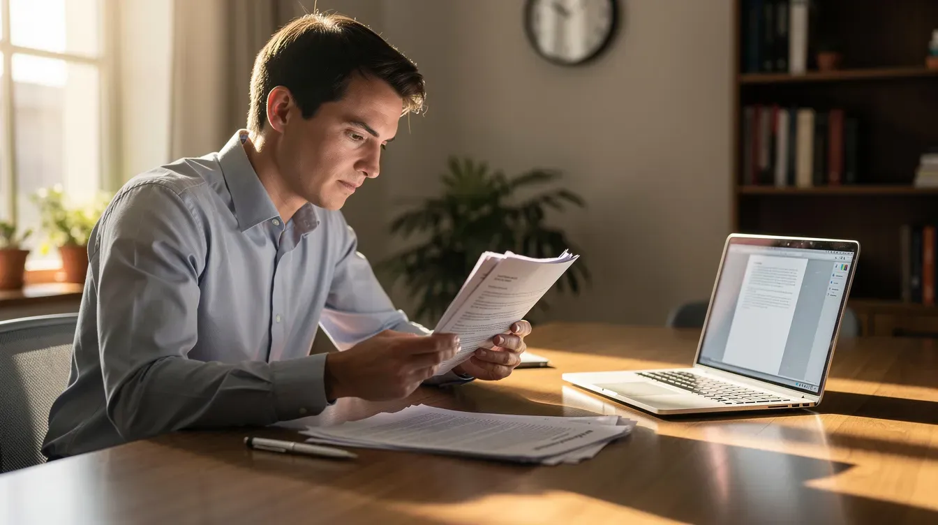A person is seated at a desk, meticulously reviewing paperwork related to their UK passport application, with an open laptop displaying relevant information nearby. The scene suggests they may be involved in the passport renewal process or preparing documents for urgent travel.