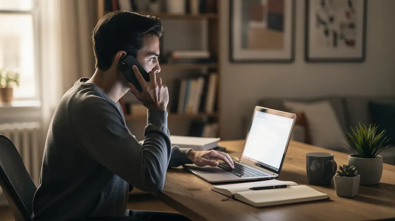 A person is engaged in a phone call while attentively looking at a laptop screen in a cozy home office, likely discussing matters related to their UK passport application or renewal process. The setting suggests a focus on urgent travel needs or the average passport processing times.