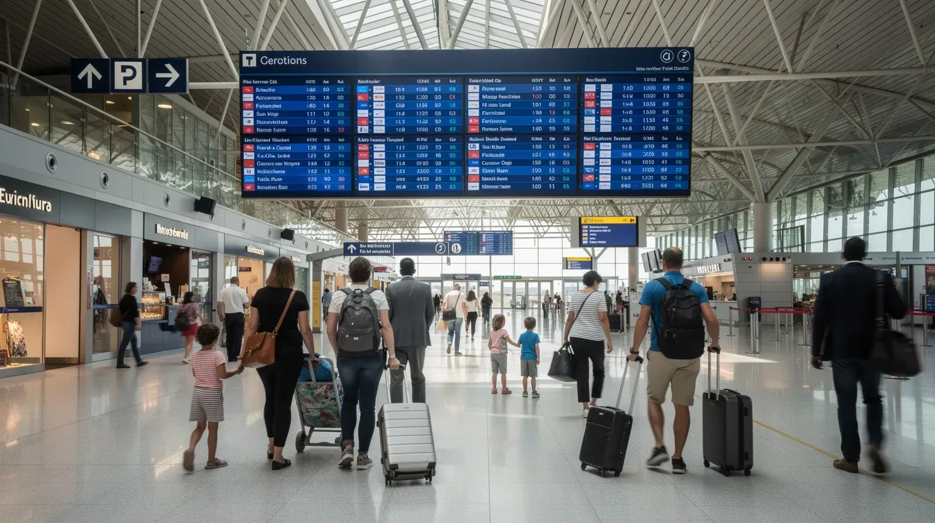 A busy airport terminal filled with passengers walking towards their gates, with large departure boards displaying flight information overhead. Many of these travellers are UK passport holders, ensuring their passports are valid for at least six months before their departure date to avoid denied boarding.