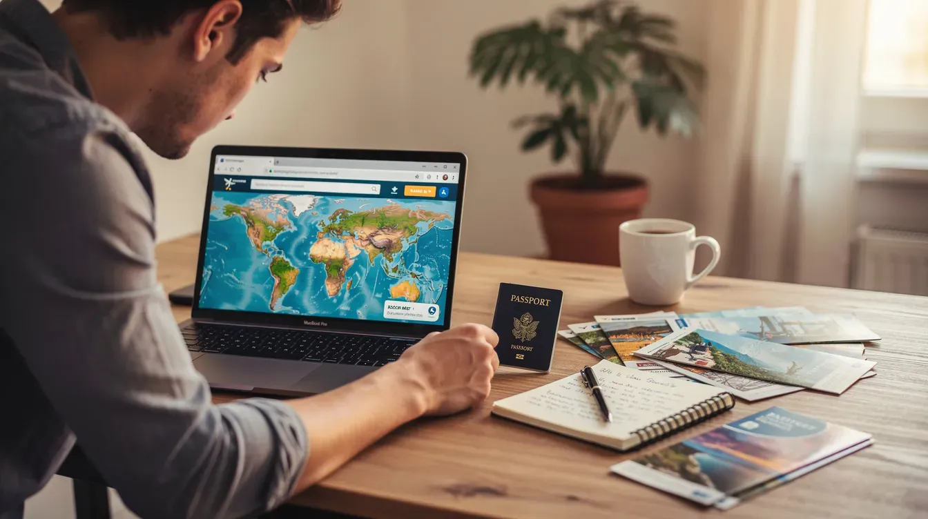 A person is seated at a desk, focused on an open laptop while examining their UK passport, as they plan their upcoming trip to an EU country. The scene suggests they are checking passport validity and entry requirements to ensure their travel plans go smoothly.