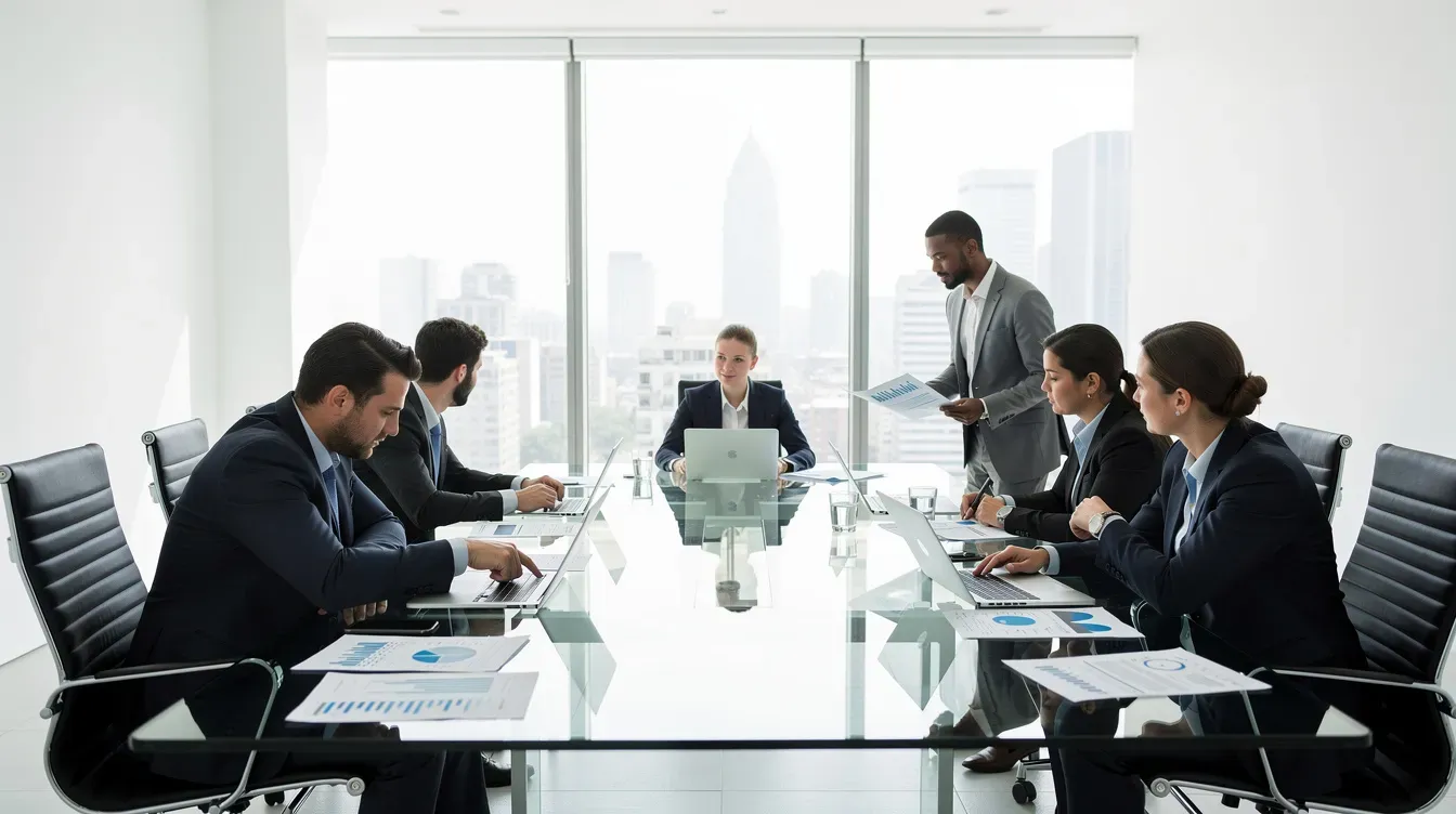 A group of business professionals is gathered around a conference table in a bright, modern boardroom, reviewing documents and discussing strategies. This scene reflects the collaborative environment often seen in private limited companies and public limited companies as they aim to enhance their financial performance and facilitate growth.