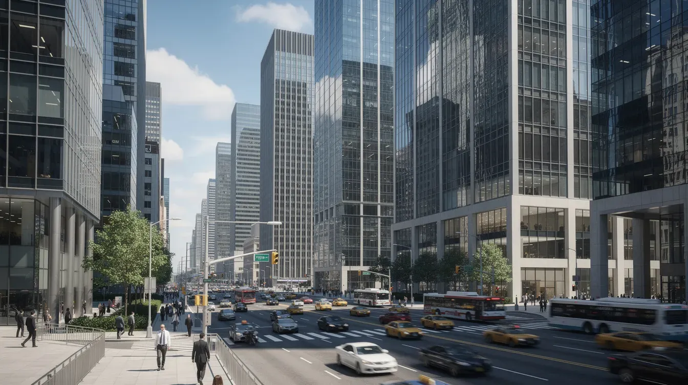 The image depicts a bustling city financial district featuring tall glass skyscrapers reflecting sunlight, with busy streets filled with cars and pedestrians during the daytime. This vibrant scene is characteristic of urban centers where private limited companies and public limited companies engage in financial activities, often influenced by stock market dynamics and the London Stock Exchange.
