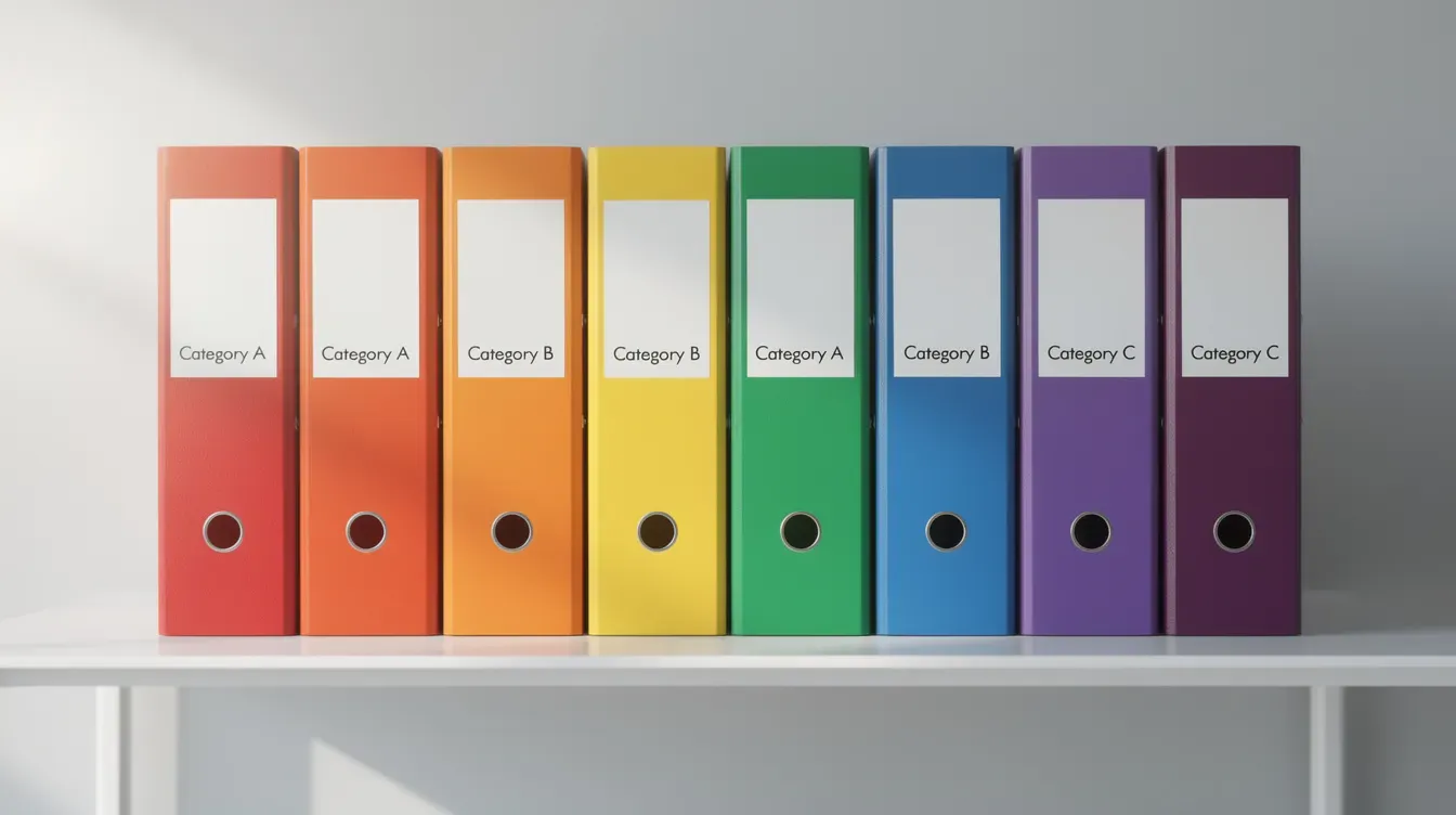 The image features a neatly organized shelf filled with colour-coded filing folders, symbolizing the classification and categorization of various business activities, including different standard industrial classification (SIC) codes. This visual representation highlights the importance of accurately representing a company's main business activity for effective business support services and compliance with regulations.