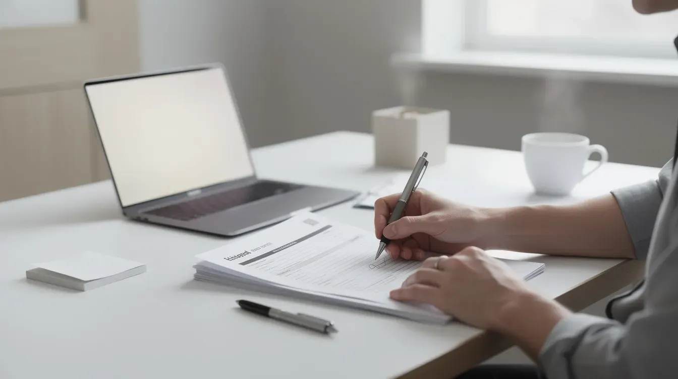 The image shows a person seated at a clean desk, diligently filling out paperwork with a laptop and a coffee cup nearby. This setting suggests a focus on important tasks such as company formation applications or preparing a confirmation statement related to the company's main business activities and SIC codes.