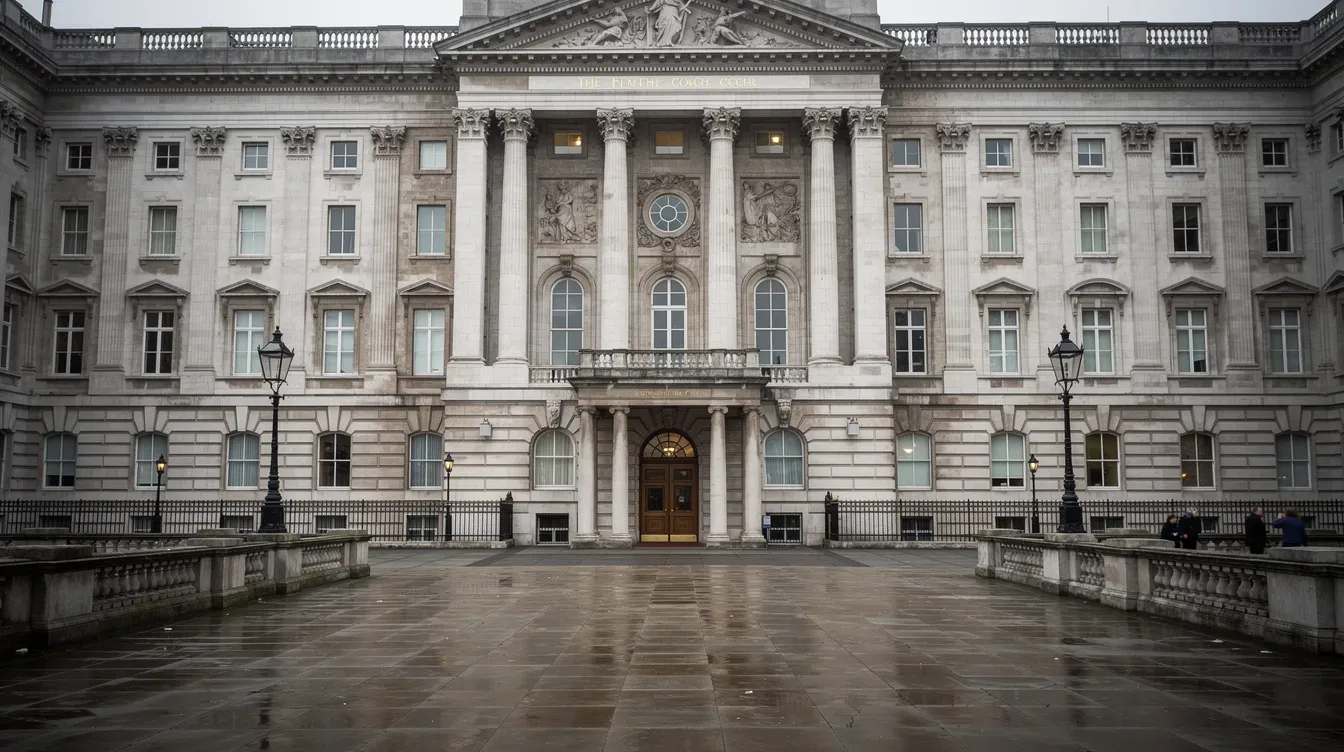 The image depicts a historic stone government building in London, featuring grand pillars and a spacious courtyard, symbolizing public administration and the UK's rich architectural heritage. This structure may house important functions related to companies house and business support service activities, reflecting the economic activities and classifications that govern various industries in the UK.
