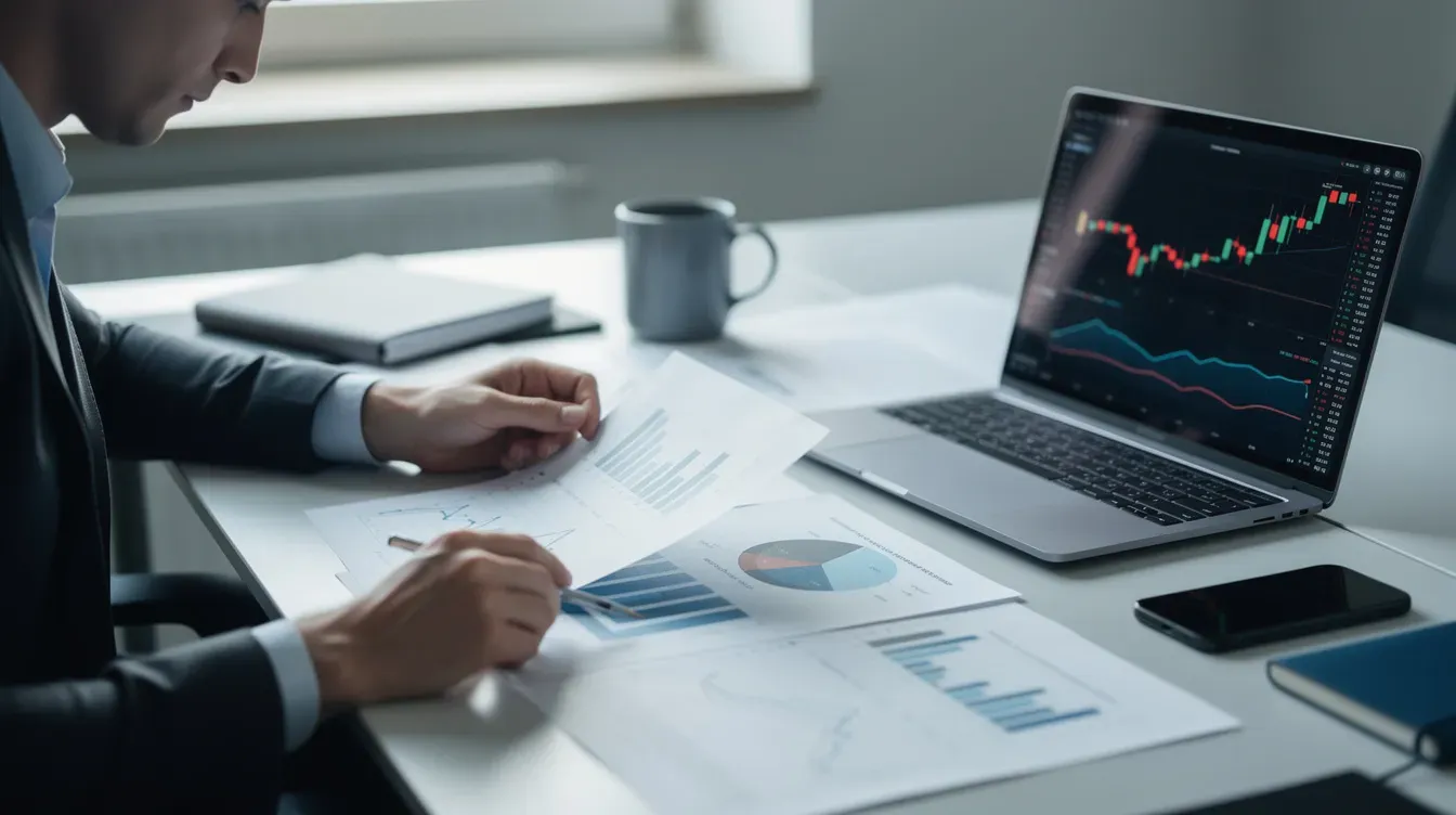 The image depicts a person seated at a desk, intently reviewing financial charts and documents, while a laptop is open in front of them. This scene reflects the work of venture capitalists and investors as they analyze potential investments in early stage companies and venture-backed businesses.