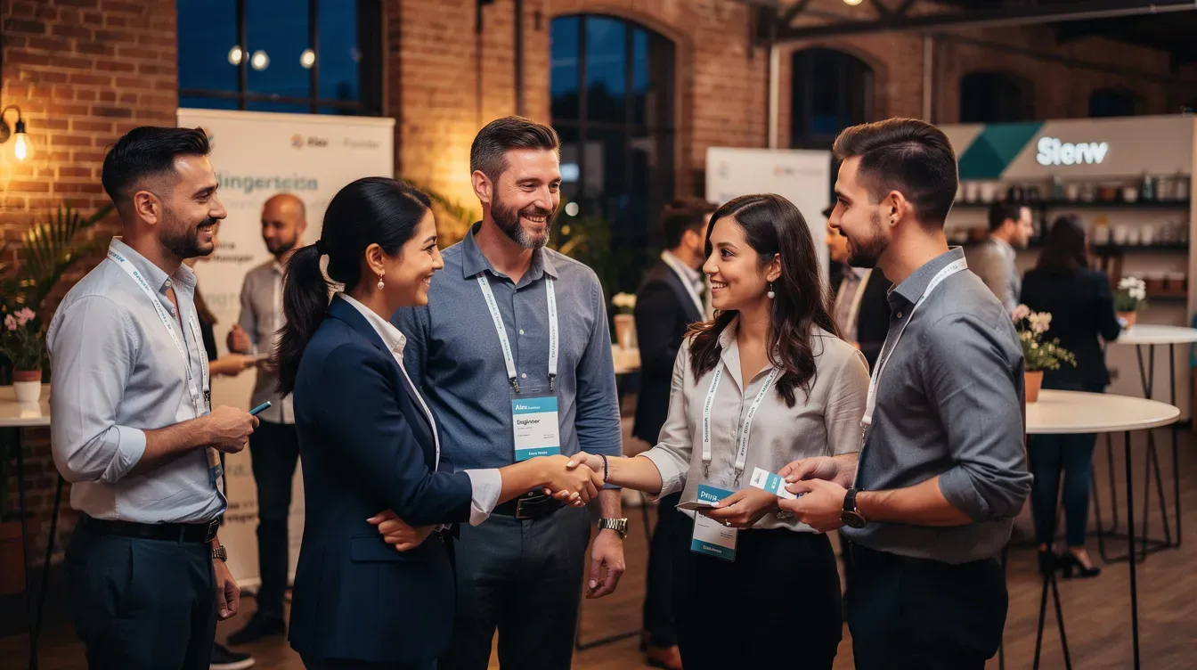 The image depicts a diverse group of professionals engaged in networking at a startup event, each wearing name badges that identify them. This gathering likely includes venture capitalists and investors discussing potential funding opportunities for early stage companies and innovative businesses.