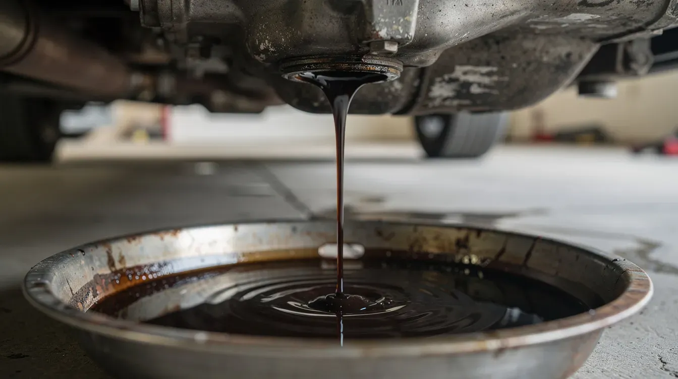 A close-up image shows dark, degraded engine oil being drained from a car into a collection pan, highlighting the importance of regular servicing for maintaining a vehicle's performance and preventing costly repairs. This process is essential in a full service, which often includes an oil and filter change to ensure the car meets environmental standards.