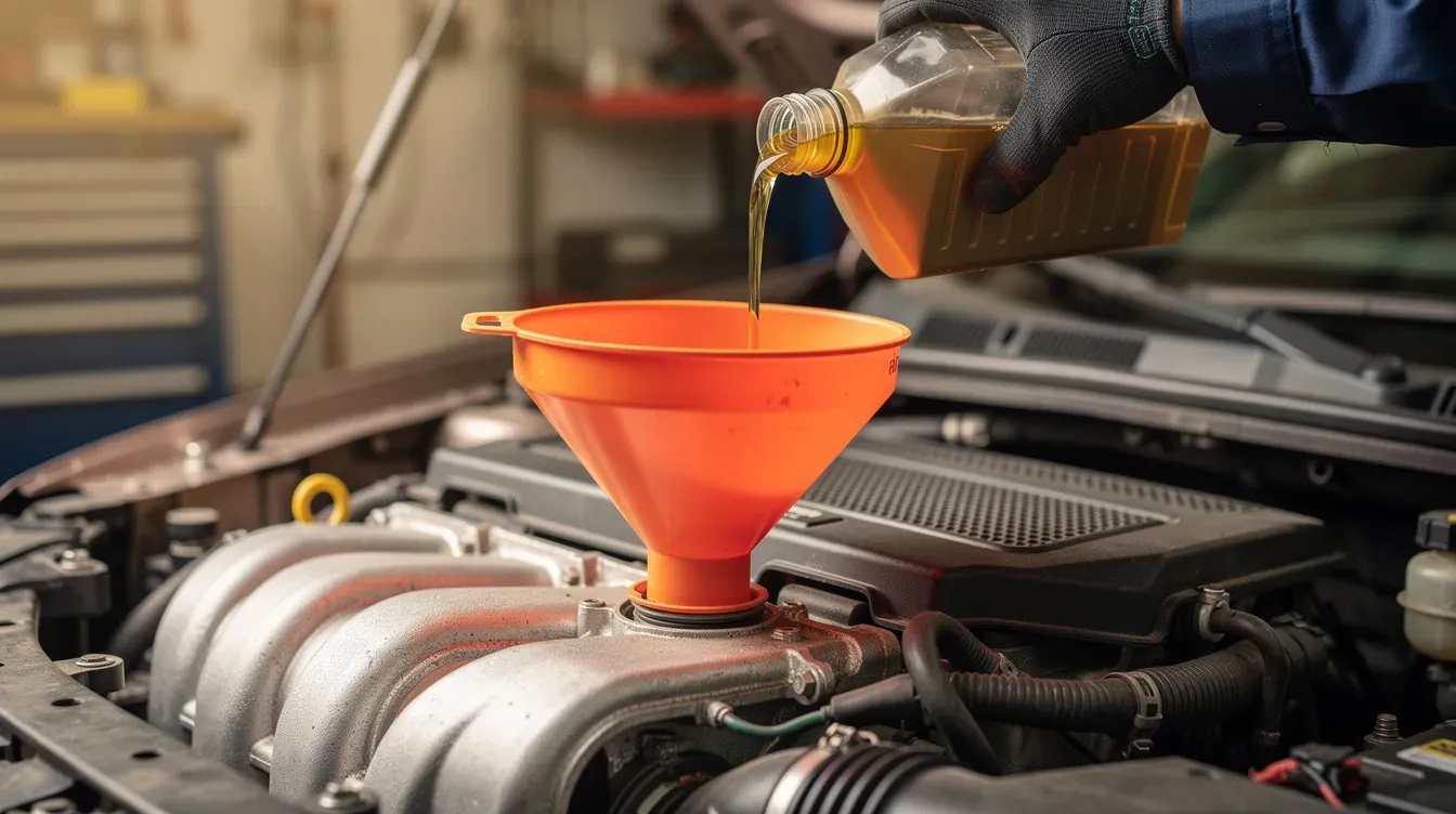 A mechanic is pouring fresh golden engine oil into a car engine bay using a funnel, ensuring the vehicle is well-maintained for optimal performance. Regular servicing, including oil and filter changes, is essential to prevent costly repairs and keep the car road legal.